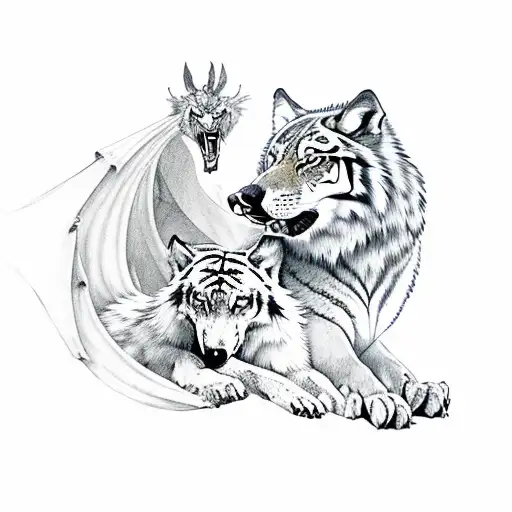 Wolf Tiger And Dragon Lie Together