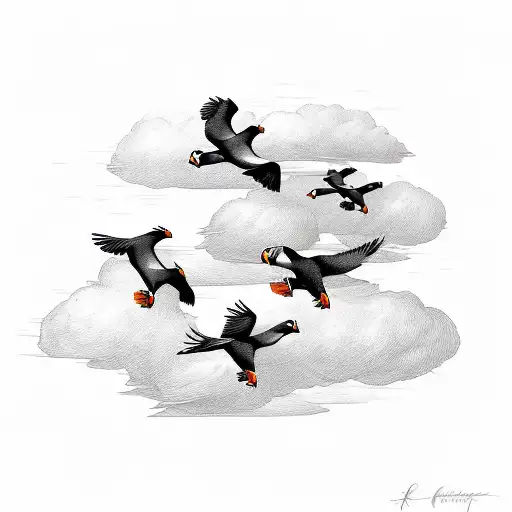 A Group Of Puffins Soaring Through The Clouds