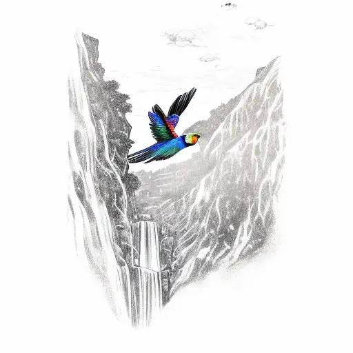 Waterfall With Macaw Flying
