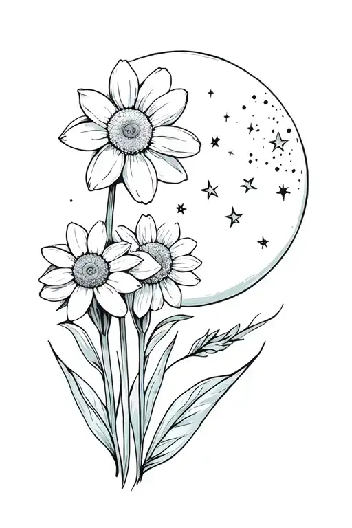 Daisy And Daffodil With Moon And Stars In A Cool Pattern