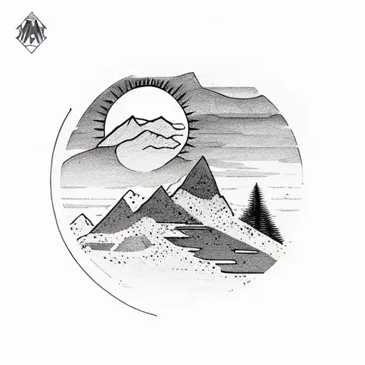 Mountain With River And Sun And Fern