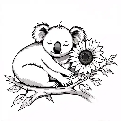 Princess Koala Sleeping On Branch With Sunflower
