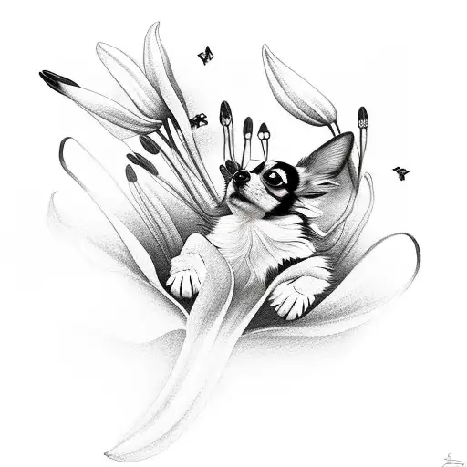 Chihuahua And Papillon Dog With Red Spider Lilys With A Butterfly