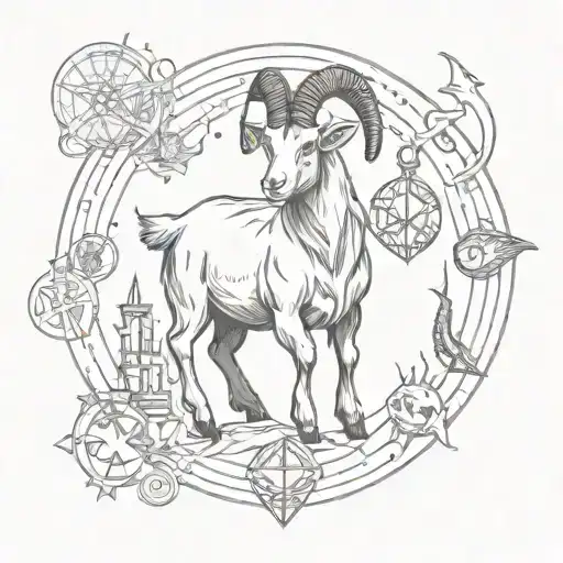 A Sketch Style Tattoo Of A Goat Surrounded By Symbols Of The Occult And Dark Magic