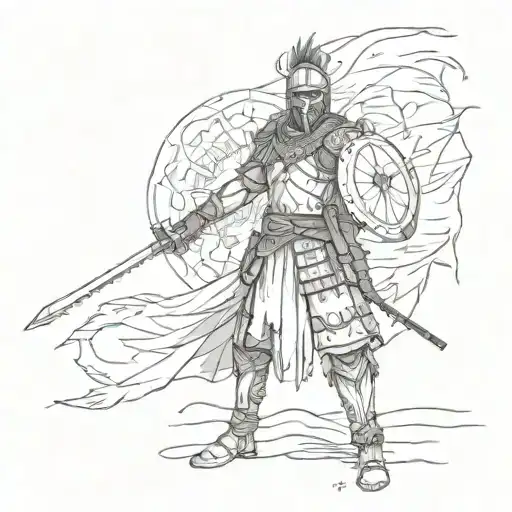 A Sketch Of A Fierce Warrior With Elements Of Komando Weaponry And The Turkish Flag As A Backdrop