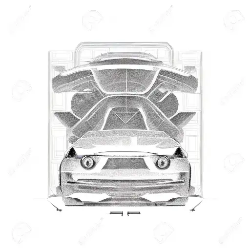 A Detailed Blueprint Of A Car With A Dog Silhouette In The Background