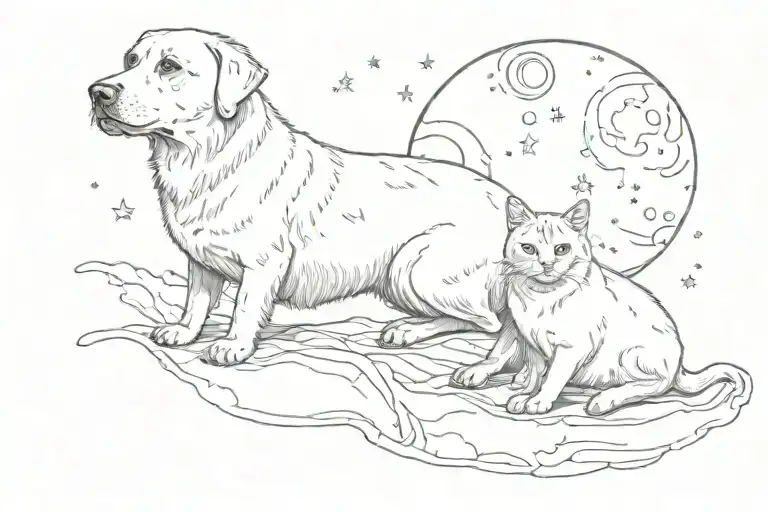 Labrador And A Cat With Halos Above Their Head Looking At The Moon