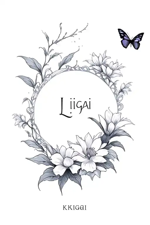 Ikigai Symbol With Gray And White Flowers Some Butterflies And The Name Of Lily
