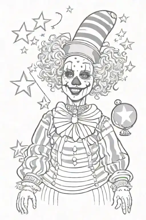 Scary Feminine Clown Juggler With Striped Clothes And A Simple Theatre Mask Juggling Three Stars