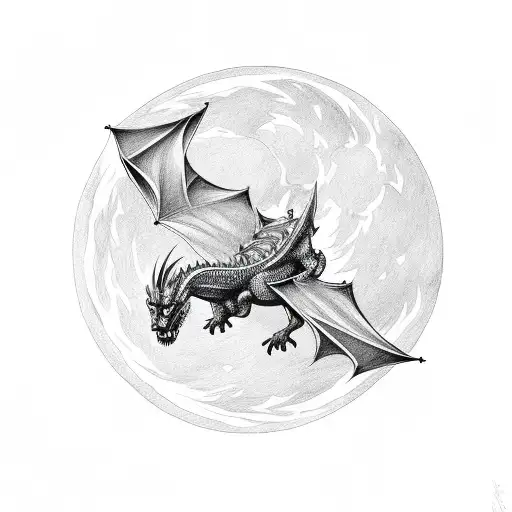Gothic Dragon Flying Inside Crescent Moon