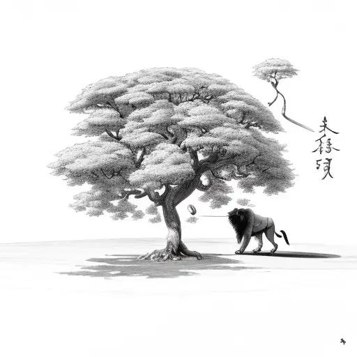 A Laurel Tree With A Cricket Bat Leaning Up Against It With A Bull And A Lion In The Forground