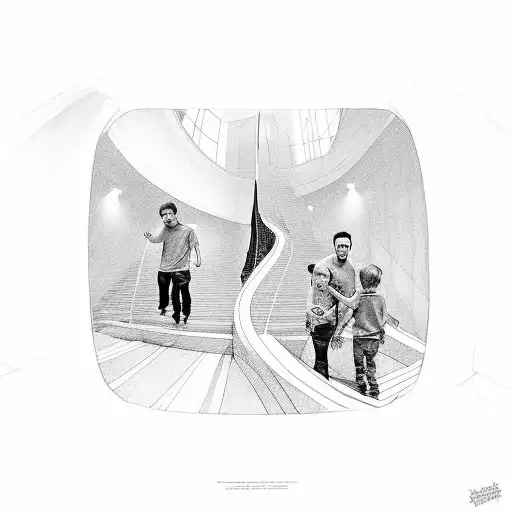 Mom And Two Sons Looking At A Long Stairs Going Up