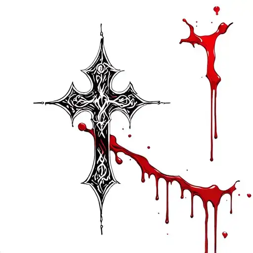Black Cross With Red Blood Outline On The Bottom Right