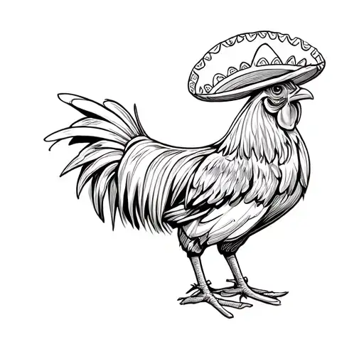 Line Work Of A Rooster With A Sombrero Hat