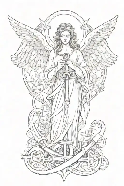 Angel With An Anchor Intertwined And A Cross Surrounded