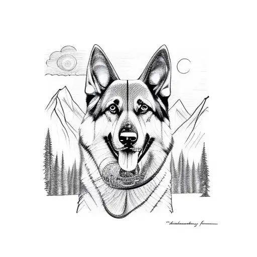 Forest With Mountains And A Lake With A German Shepherd Dog Outline In The Background