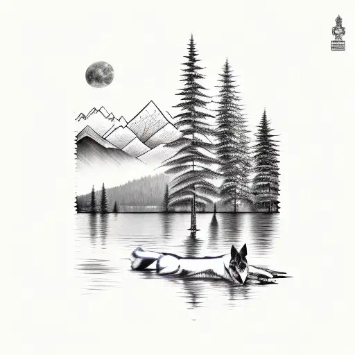 Forest With Mountains And A Lake With A German Shepherd Dog Outline In The Background