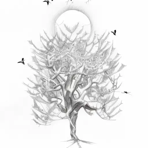 A Sketch-style Tattoo Of A Holly Tree With Birds Flying Out Of Its Branches