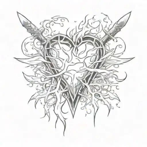 Heart With Thorns On Fire And Two Small Swords