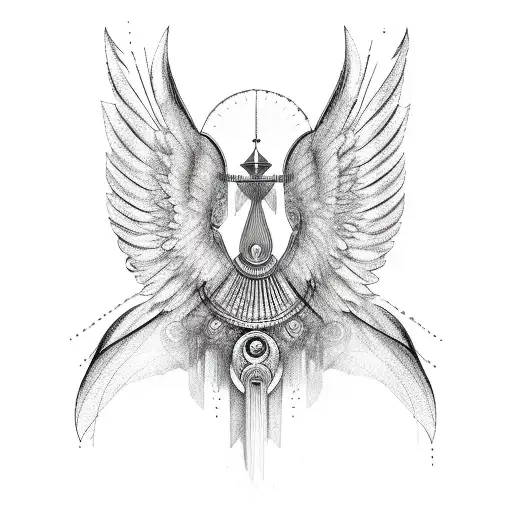 An Abstract Representation Of Wings And A Halo Blending Together In A Blackwork Design