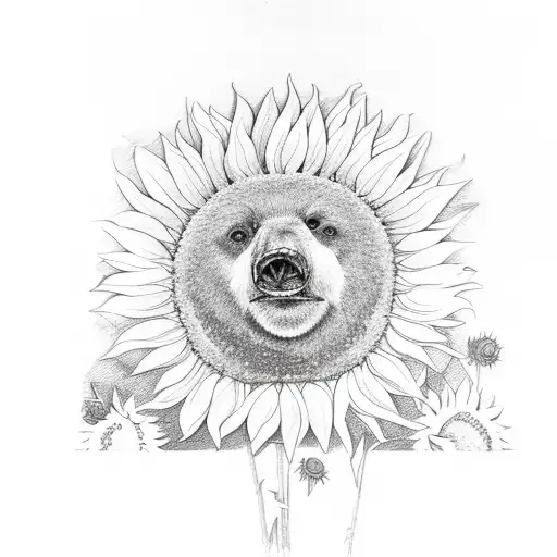 A Sketch-style Bear Surrounded By Sunflowers