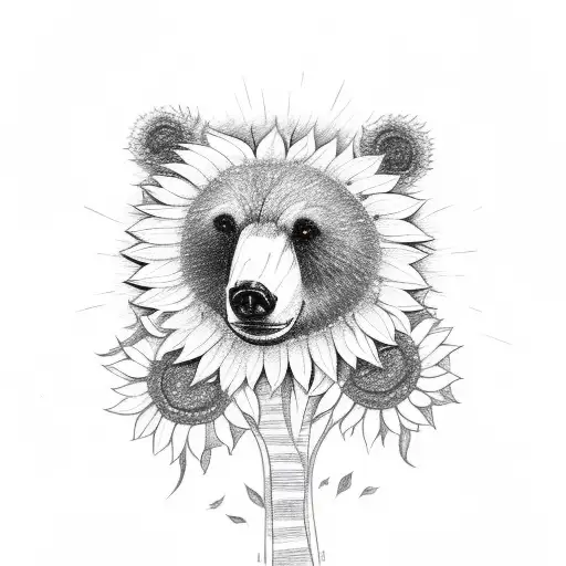 A Sketch-style Bear Surrounded By Sunflowers