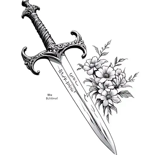 Sword With Battle Marks With Flowers Coming Out At The Tip And Written 'We Are Bulletproof