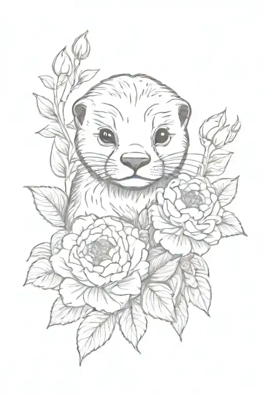 Baby Otter Holding Peony Flowers