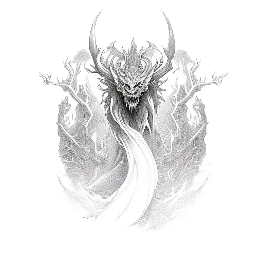 A Hauntingly Beautiful Lyshen Creature Emerging From A Dark Forest With Dragon Above