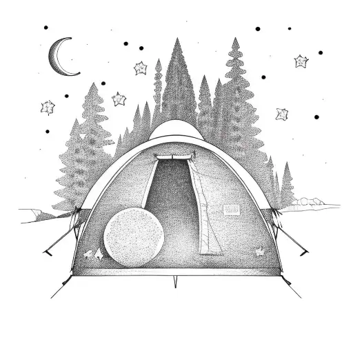Camping Scene Line Art With Stars And Moon