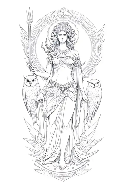 Athena Holding Spear And Medusa Round Shield And Surrounded Owls And Geometric Paterns