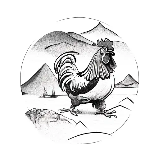 Rooster In Circle With Mountains And Island Background
