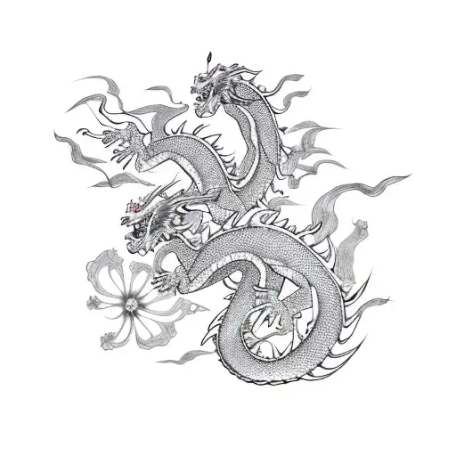 Flying Japanese Dragon With Cherry Blossoms