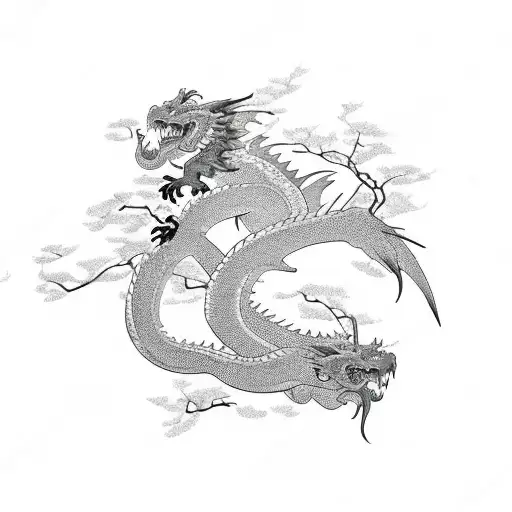 Flying Japanese Dragon With Red Plum Blossoms