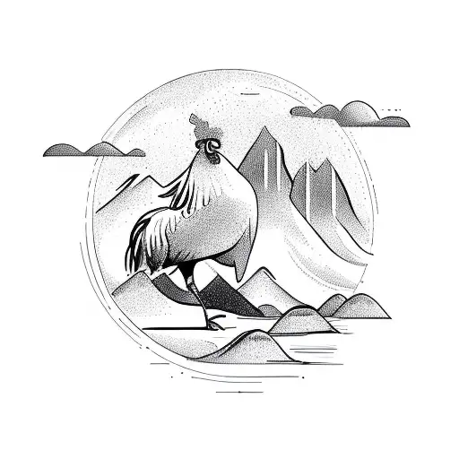 Rooster In Circle With Mountains Background And Island Foreground
