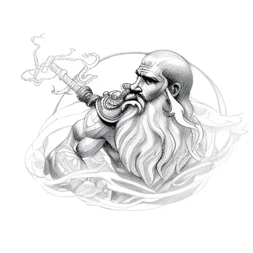 Create An Image Of Greek Mythology Tattoo Of A Guy With A Beard And Lightning