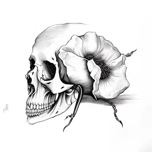 Opium Poppy Growing Out Of A Decaying Skull Tatto