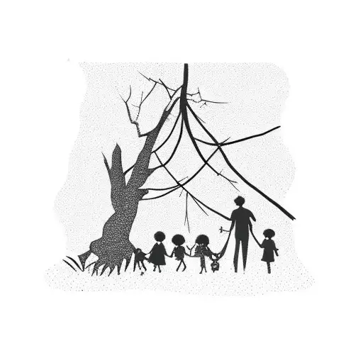A Silhouette Of A Family Holding Hands Under A Tree