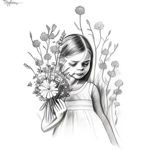 Sketch Style Tattoo Of Your Daughter Holding A Bouquet Of Wildflowers