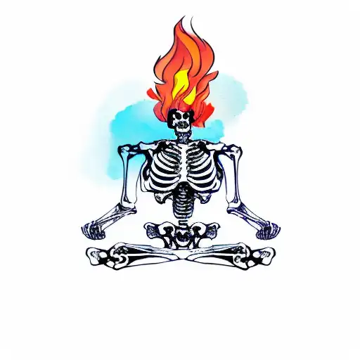 Skeleton In Yoga Pose On Fire