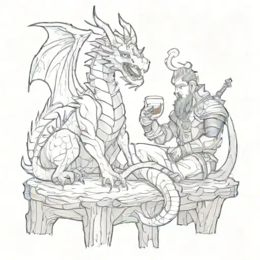 A Dragon And A Knight Drink Beer While Sitting On Tree Stumps