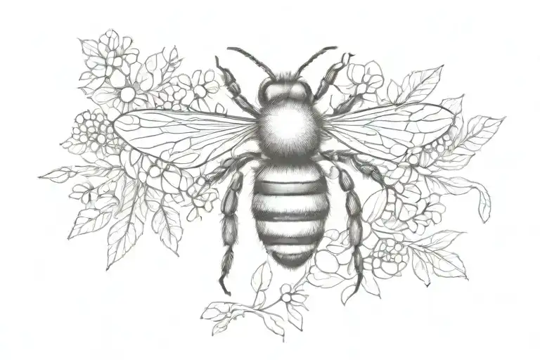 Bee With Branches Of Flowers Under Its Chest