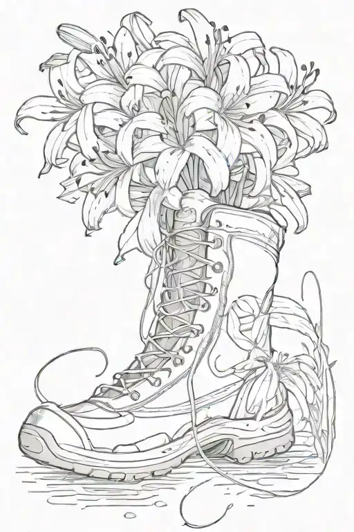 A Sketch Of A Hiking Boot Stepping On A Spider Lily Flower In The Rain