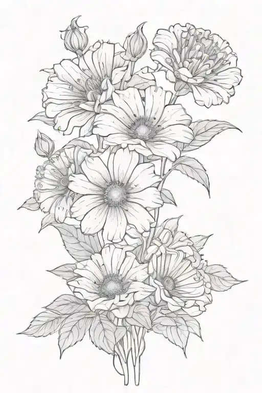 Small Fine Line Flower Bouquet With Two Aster Flowers And One Morning Glory On Stems