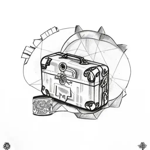 A Sketch-style Tattoo Of A Vintage Suitcase With Travel Stickers And A Cactus Peeking Out