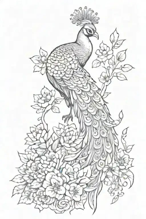 Peacock And Crow Mixed Top To Bottom With Flower Blooming