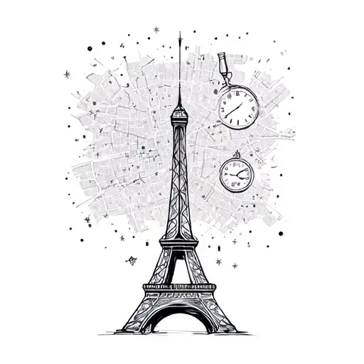 Sparkling Eiffel Tower With A Map And Alleyways And Champagne And Clock At Midnight