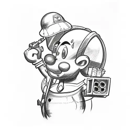 A Sketch-style Tattoo Of A Plumber Fixing A Motorcycle Engine With Music Notes Floating Around