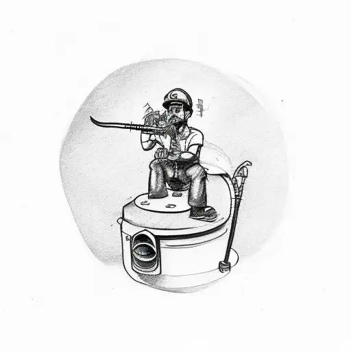 A Sketch-style Tattoo Of A Plumber Fixing A Motorcycle Engine With Music Notes Floating Around