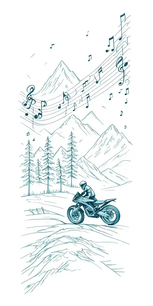 Motor Bike With Mountains Trees Music Notes Floating